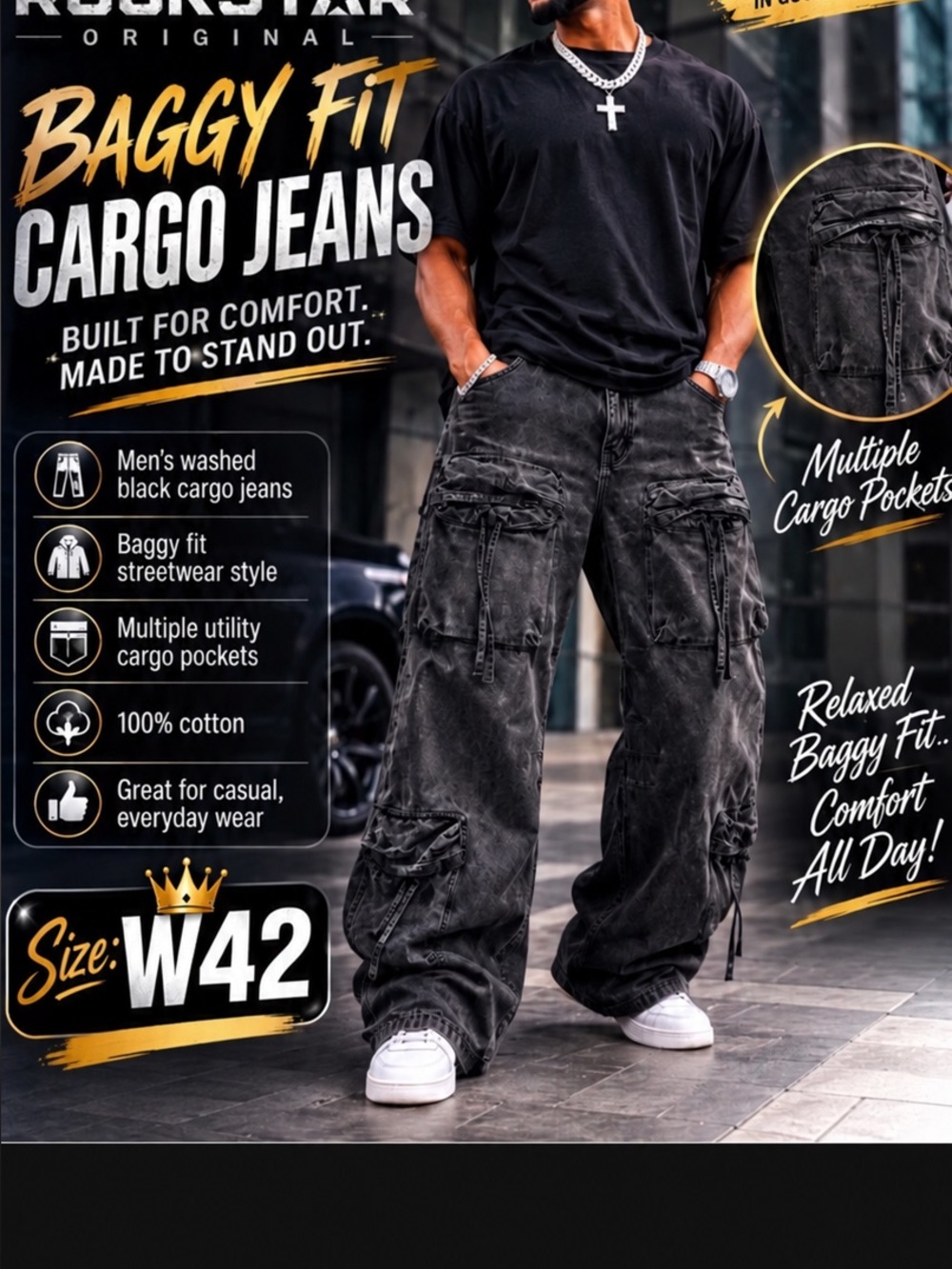 Washed Black Baggy Cargo Jeans for Men